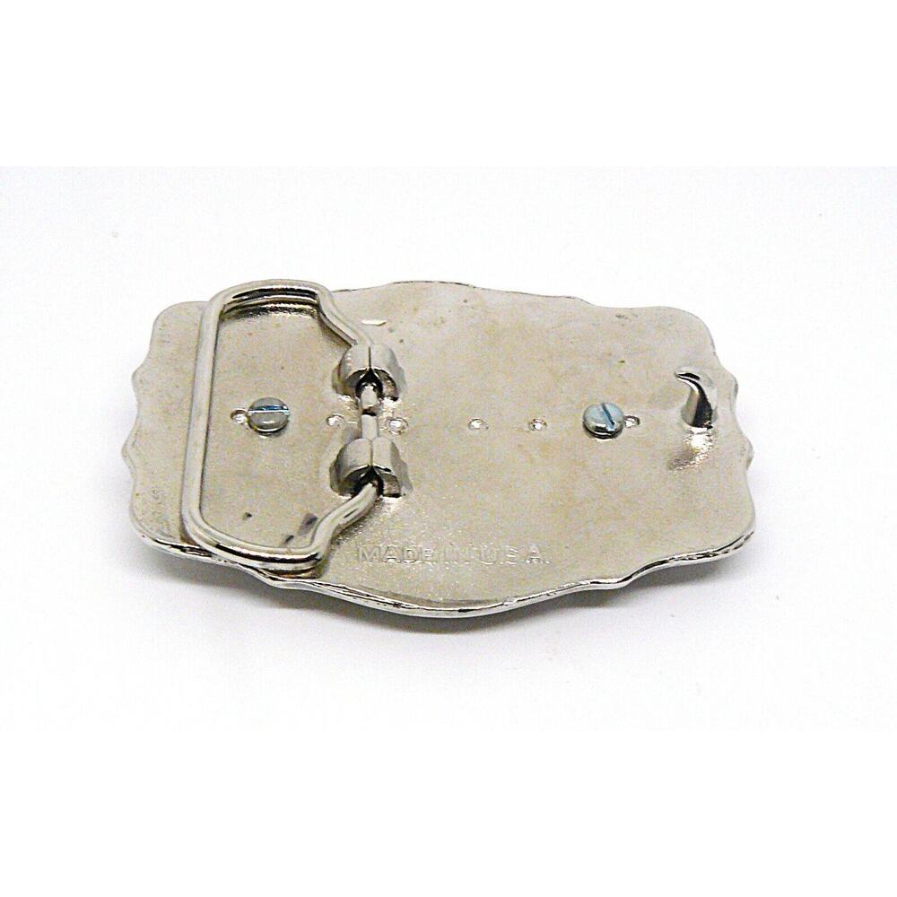 Belt Buckle Green Stone Silver Tone Setting Unisex Scroll Design USA Vintage - Picture 3 of 4